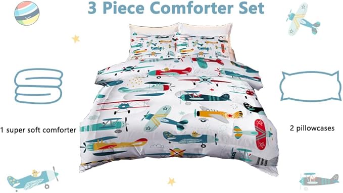 Yasida Kids Airplane Comforter Set Twin Size Colorful Cartoon Propeller Plane Bedding Set Kids Boys Bedding Sets Twin Teens Cartoon Airplanes Down Comforter Aviation Theme Duvet Bedroom Decor