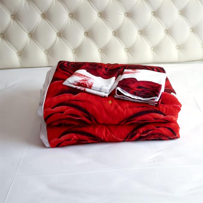 3D Comforter Set Twin - Red and White Rose Print Comforter Set Twin Size Floral Room Decor Bedding Set Aldult Quilt with 2 Pillowcases for All Seasons