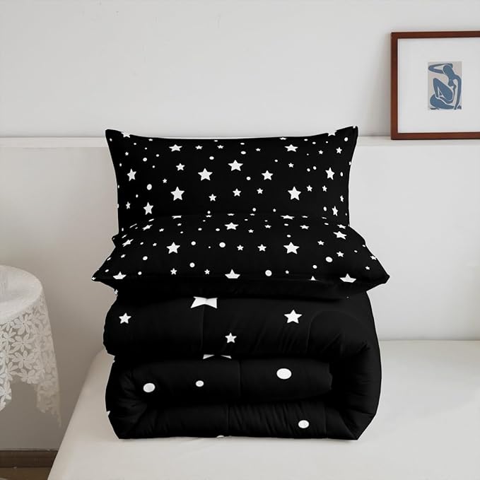 Starry Sky Comforter Set Full Size Galaxy Star Bedding Set for Kids Boys Girls, Outer Space Down Comforter, Black and White Geometric Polka Dots Quilt Set Warm Soft Bedroom Decor 2 Pillow Cases