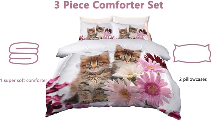 Yasida Cat Comforter Set Twin Size for Kids Pink Flowers Cats 3Pcs Bedding Set for Boys and Girls (1 Comforter+ 2 Pillowcases) Lovely Animal Pets Comforter Set