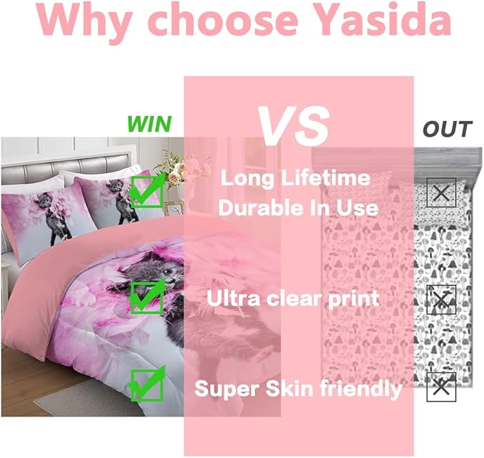 Yasida Twin Cat Bedding Set - Pink Feathers Black Cat 3Pcs (1 Comforter + 2 Pillowcases) Kids Animal Pets Comforter Set