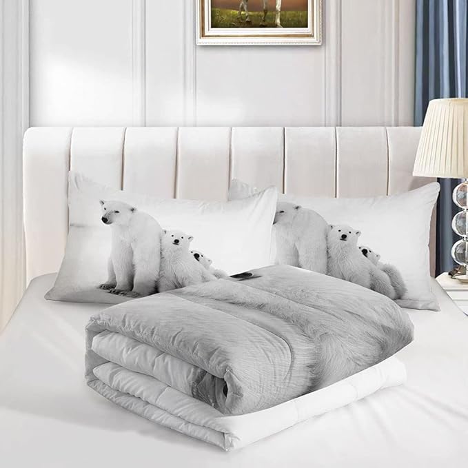 Bedding Comforter Set Polar Bear White Bear Printed Pattern Quilt Bedding Set with 1 Comforter and 2 Pillowcases for Girls and Boys Bedroom All Season(Polar Bear Queen)