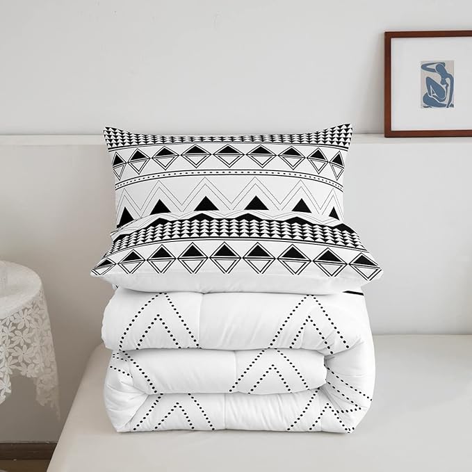 Boho Aztec Comforter Set Queen Size Black And White Bedding Set Morden Geometric Triangle Lattice Down Comforter Minimalism Room Decor Warm Soft 3 Pieces Quilted Duvet For Kids Boys Girls Teens