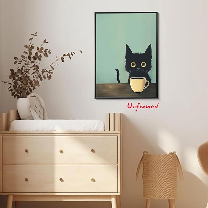 Yaneiro Fun Black Cat Wall Art Abstract Drinking Coffee Picture Cute Retro Black Cat Wall Decor Canvas Poster Print Suitable for Cafe Bar Living Room Restaurant Bedroom 12x16in Unframed