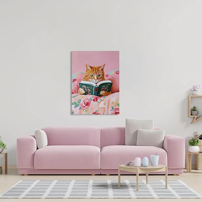 Yaneiro Framed Vintage Cats Canvas Wall Art, Funny Animal Reading Books Poster Printing Pictures, Pink Cute Cat Lovers Wall Decor for Girls Room Bedroom Kids Room Living Room Bathroom 16x24 in
