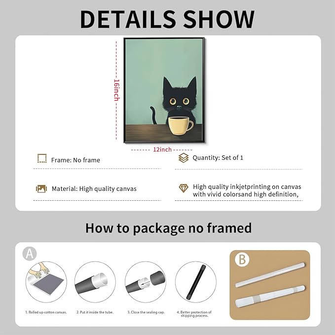 Yaneiro Fun Black Cat Wall Art Abstract Drinking Coffee Picture Cute Retro Black Cat Wall Decor Canvas Poster Print Suitable for Cafe Bar Living Room Restaurant Bedroom 12x16in Unframed