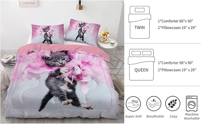 Yasida Twin Cat Bedding Set - Pink Feathers Black Cat 3Pcs (1 Comforter + 2 Pillowcases) Kids Animal Pets Comforter Set