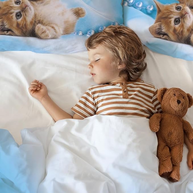 Yasida Cat Comforter Girls Summer Comforter Set Set Twin Size for Kids Blue Cat Comforter 3Pcs Twin Kids Bedding Set for Boys and Girls (1Comforter+ 2 Pillowcases) Lovely Animal Pets