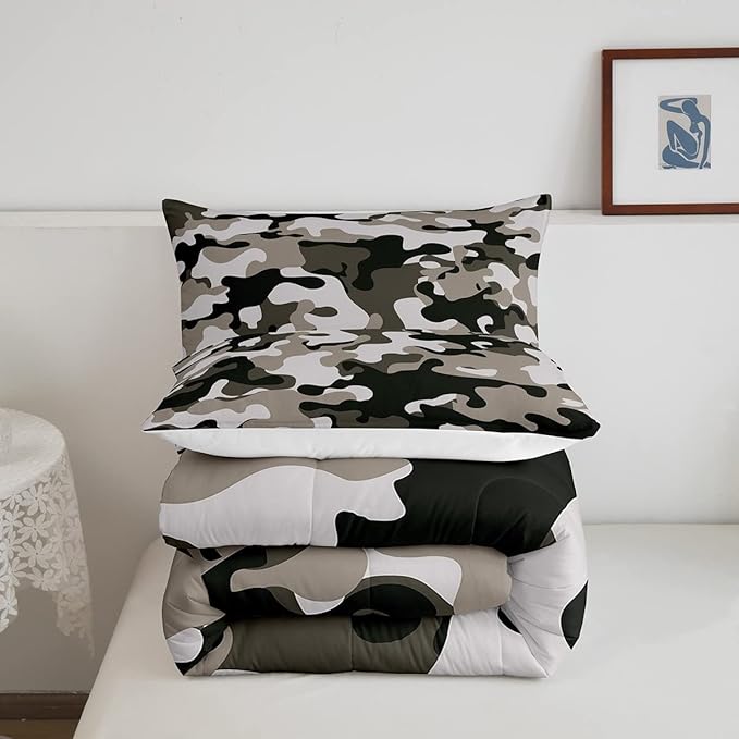 Camouflage Comforter Set Grey Camo Bedding Sets Twin Size Militarily Army Down Comforter for Boys Teens Men Adult Tie Dye Retro Geometric Warm Soft Quilted Duvet 2Pcs Bedroom Decor, All Season
