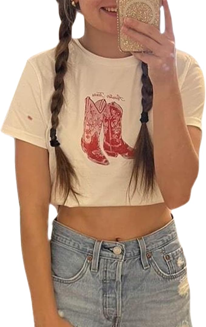 Y2k Womens Graphic Baby Tee Slim Fit Short Sleeve Crop Tops Funny Letter Animal Print Shirts 90s 2000s Streetwear