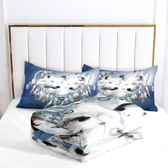 Dream Catcher Wolf Comforter Set Queen White Wolves Comforter Navy Blue Boho Bedding Set Wildlife Animal Bed Set for Adult Women Teen Kids Dreamcatcher Comforter with 2 Pillowcases