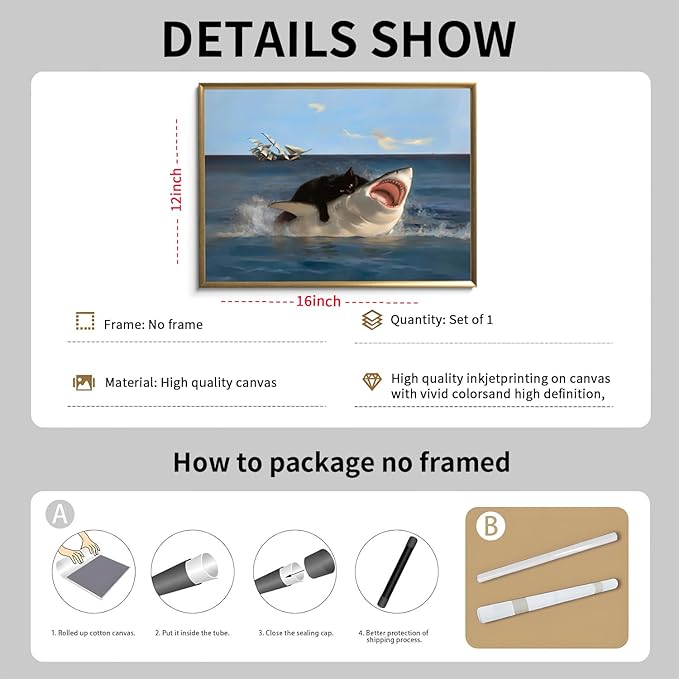 Yaneiro Black Cat Wall Art, Funny Quirky Cat and Shark Pictures Canvas Print, Abstract Black Cat Shark Posters Wall Decor for Room Bedroom Living Room Bathroom 12x16in Unframed