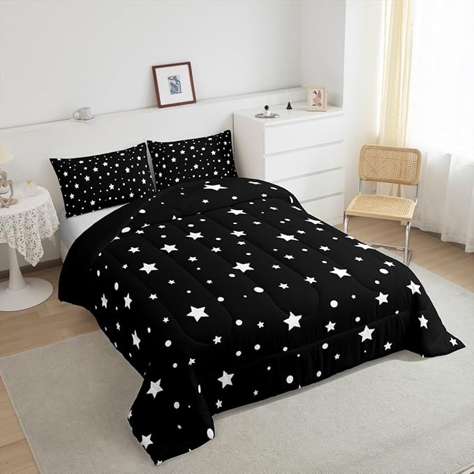 Starry Sky Comforter Set Full Size Galaxy Star Bedding Set for Kids Boys Girls, Outer Space Down Comforter, Black and White Geometric Polka Dots Quilt Set Warm Soft Bedroom Decor 2 Pillow Cases