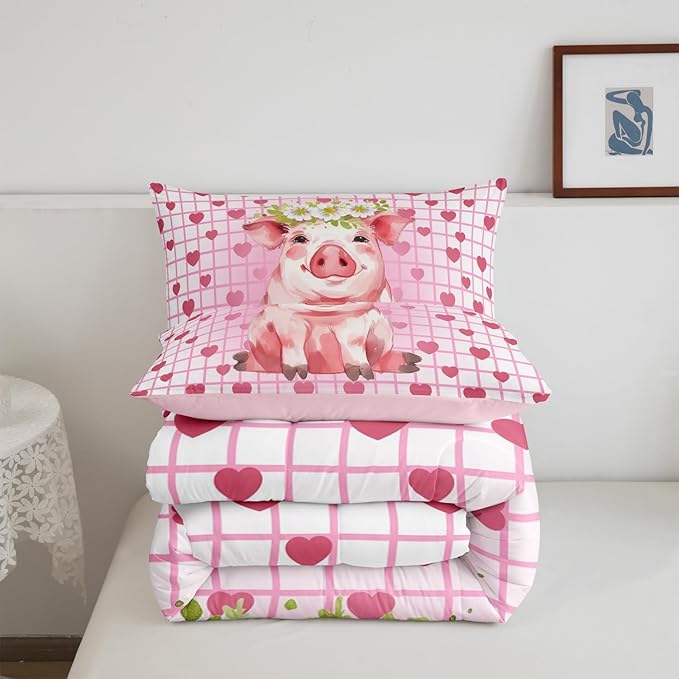 Cute Pig Bedding Set King, Cherry Blossoms Comforter Set For Girls Kids, Cartoon Pet Animal Duvet Set, Pink Grid Heart Pattern Lattice Quilted Duvet, Farmhouse Bedding Comforters, All Season