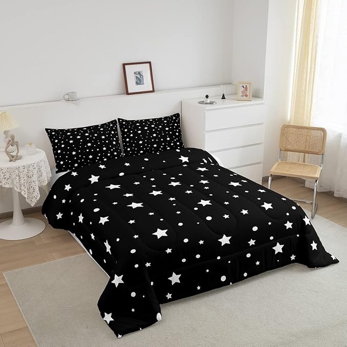Starry Sky Comforter Set Full Size Galaxy Star Bedding Set for Kids Boys Girls, Outer Space Down Comforter, Black and White Geometric Polka Dots Quilt Set Warm Soft Bedroom Decor 2 Pillow Cases
