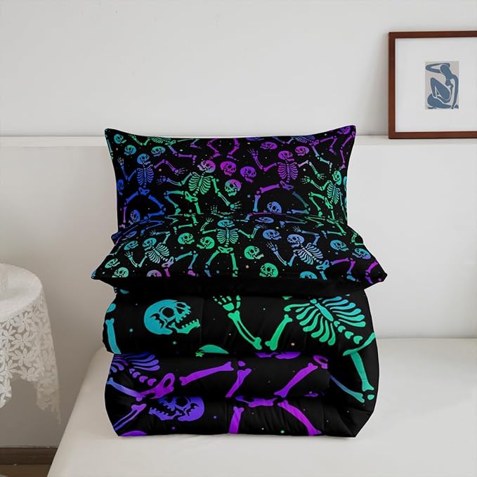 Erosebridal Sugar Skull Comforter Set Halloween Bedding Set Twin Size Green Blue Purple Ombre Down Comforter for Kids Boys Girls Skeleton Bones Quilted Duvet Warm Soft Horror Theme Bedroom Decor 2Pcs
