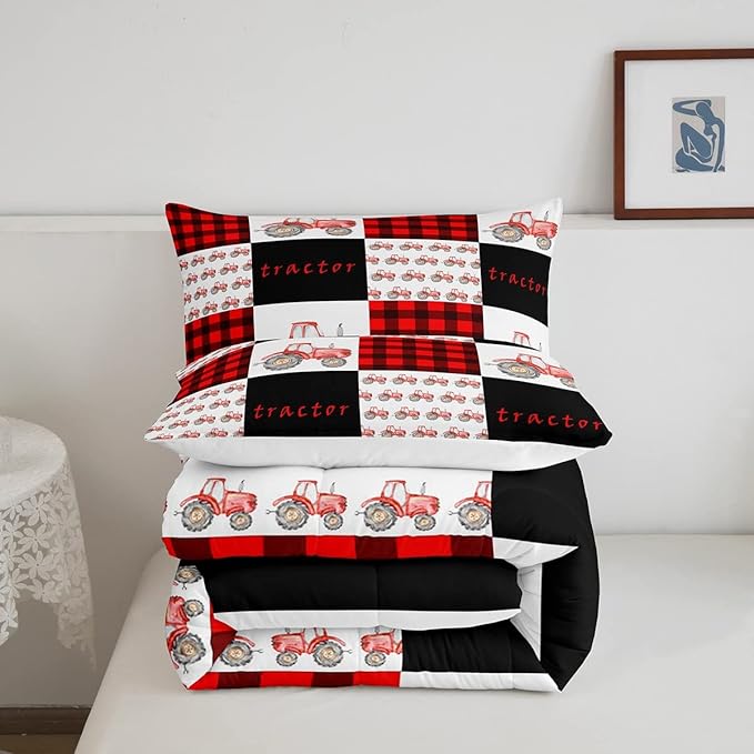 Erosebridal Tractor Bedding Set Red Tractor Comforter for Boys Kids Girls Teens Equipment Truck Comforter Set King Buffalo Plaid Down Comforter Farmhouse Harvester Grid Quilt Set, Black