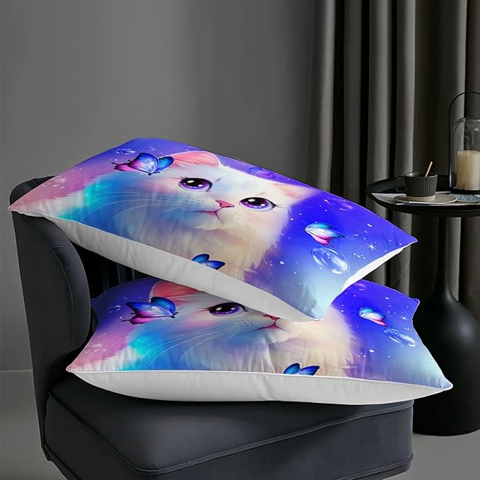 Ailonen Kids Cat Comforter Set - Twin Size, Cute White Cat Bedding Set for Girls and Boys, Purple Tint Duvet Set, 3 Pieces - 1 Quilt and 2 Pillowcases