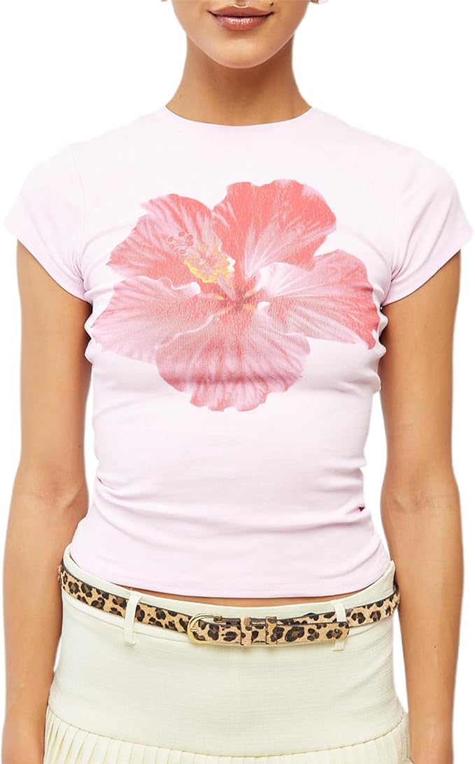 Y2k Womens Graphic Baby Tee Slim Fit Short Sleeve Crop Tops Funny Letter Animal Print Shirts 90s 2000s Streetwear