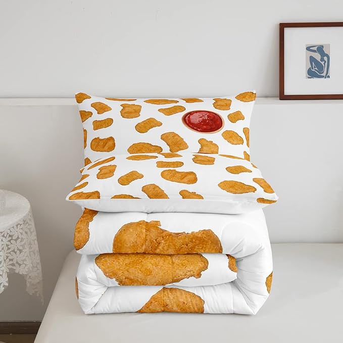 Erosebridal Chicken Nuggets Fried Comforter Set for Kids Boys Girls Teens Adult Food Bedding Set Queen Size Funny Food Down Comforter Men Women Duvet Set Bedroom Decor, Yellow
