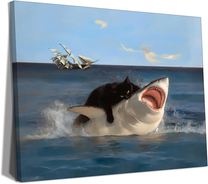 Yaneiro Framed Black Cat Wall Art, Funny Quirky Cat and Shark Pictures Canvas Print, Abstract Black Cat Shark Posters Wall Decor for Room Bedroom Living Room Bathroom 12x16in