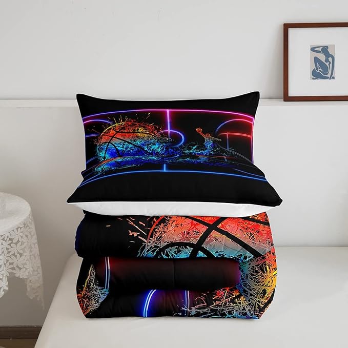 Erosebridal Basketball Comforter Set King 3D Sports Bedding Sets for Boys Teens Kids Men Tie Dye Fire and Ice Comforter Player Sport Game Warm Soft Lightweight Red Blue Quilt Set, Black