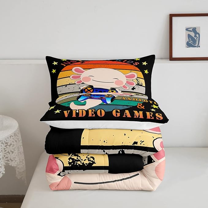 Gamer Bedding Set Axolotl Comforter Set Full, Video Games Gaming Down Comforter For Kids Boys Girls Teens, Rainbow Duvet Set, Cute Wildlife Animal Bedroom Decor, Pink Orange, With 2 Pillow Cases