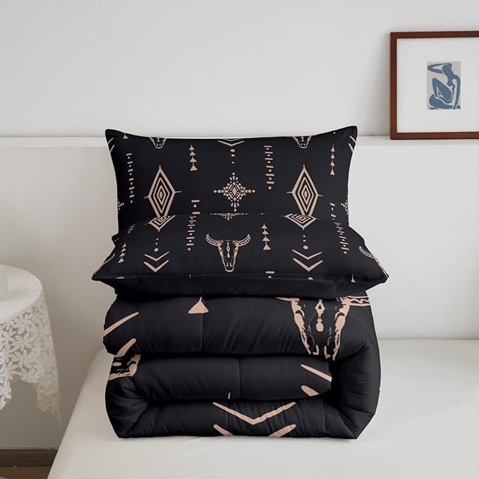 Bull Skull Comforter Set Twin Boho Bedding Ethnic Horns Bohemian Bedding Comforter Sets Black Brown Tribal Symbol Mysterious Aztec Bedroom Decor Abstract Geometric Duvet Insert for Men Boys