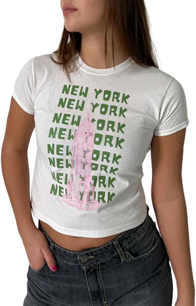 Y2k Womens Graphic Baby Tee Slim Fit Short Sleeve Crop Tops Funny Letter Animal Print Shirts 90s 2000s Streetwear