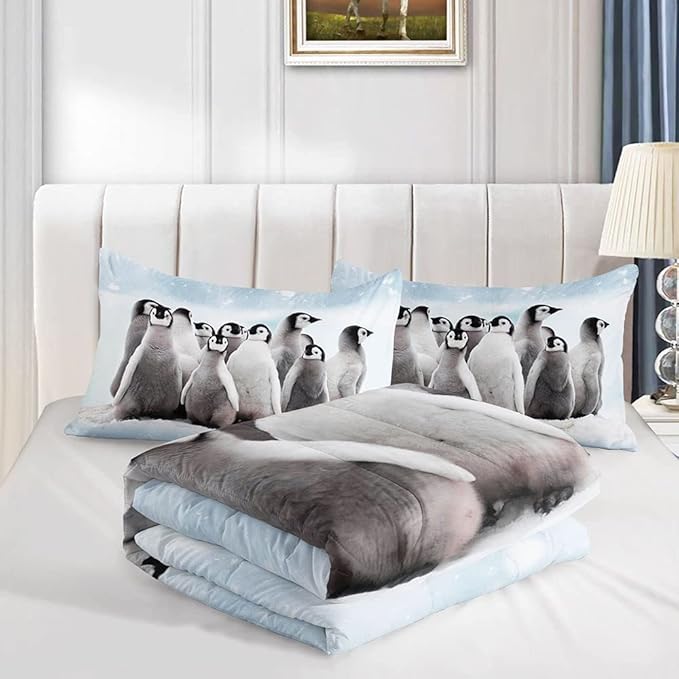 Bedding Comforter Set Penguin Snow Printed Pattern Quilt Bedding Set with 1 Comforter and 2 Pillowcases for Girls and Boys Bedroom All Season(Penguin Full)