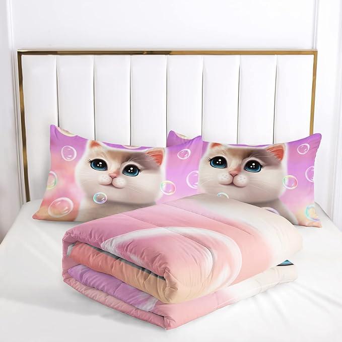 AILONEN Kawaii Cat Comforter Set Twin Size, Bubble Lovely Hairy Cat Bedding for Kids Girl and Toddler,Soft and Lightweight 3Pcs (1 Comforter + 2 Pillowcases) Pink