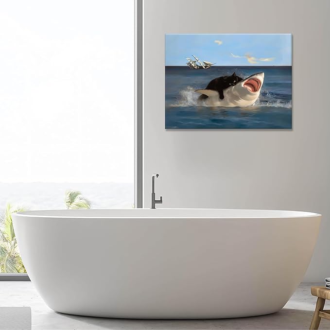 Yaneiro Framed Black Cat Wall Art, Funny Quirky Cat and Shark Pictures Canvas Print, Abstract Black Cat Shark Posters Wall Decor for Room Bedroom Living Room Bathroom 12x16in