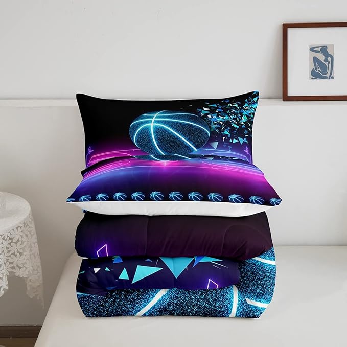 Basketball Comforter Set Full Size Neon Sport Bedding Set For Kids Boys Girls Teens Blue Purple Gradient Glowing Basketball Down Comforter Room Decor Lightweight 2 pillow cases Duvet Insert