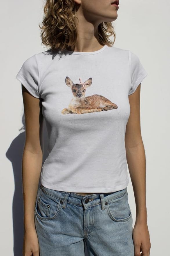 Y2k Womens Graphic Baby Tee Slim Fit Short Sleeve Crop Tops Funny Letter Animal Print Shirts 90s 2000s Streetwear