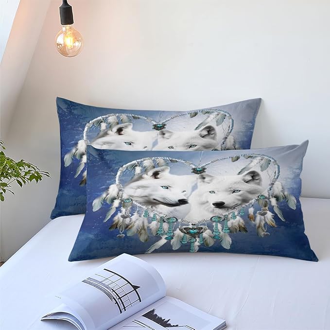 Dream Catcher Wolf Comforter Set Queen White Wolves Comforter Navy Blue Boho Bedding Set Wildlife Animal Bed Set for Adult Women Teen Kids Dreamcatcher Comforter with 2 Pillowcases