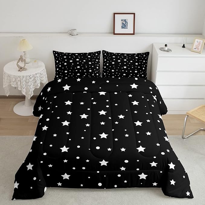 Starry Sky Comforter Set Full Size Galaxy Star Bedding Set for Kids Boys Girls, Outer Space Down Comforter, Black and White Geometric Polka Dots Quilt Set Warm Soft Bedroom Decor 2 Pillow Cases