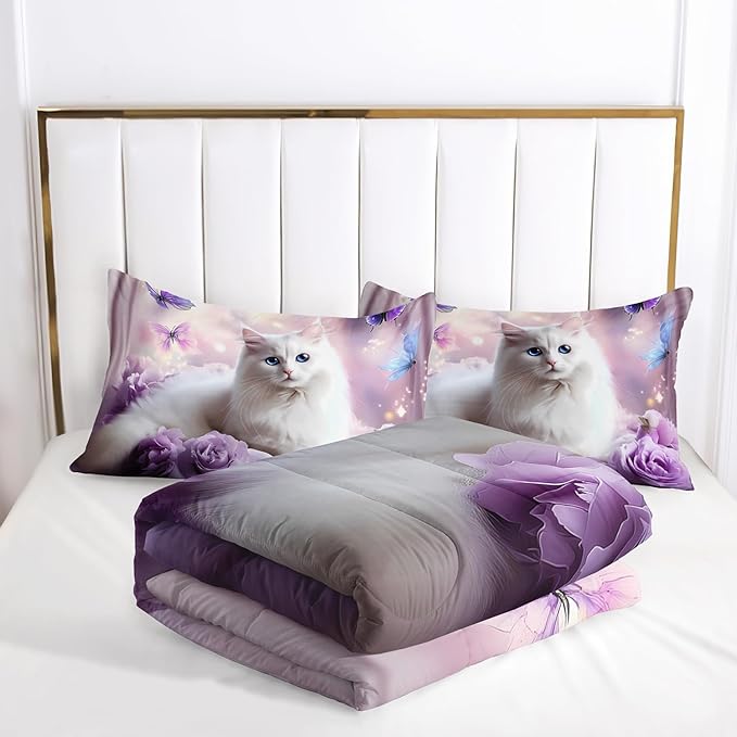 AILONEN Girls Cat Kitten Comforter Set Queen Size,Purple Rose Butterfly Cat Princess Kids Bedding Set,White Cat Comforter with 2 Pillowcases,Beautiful Cat Duvet Set 3 Pieces