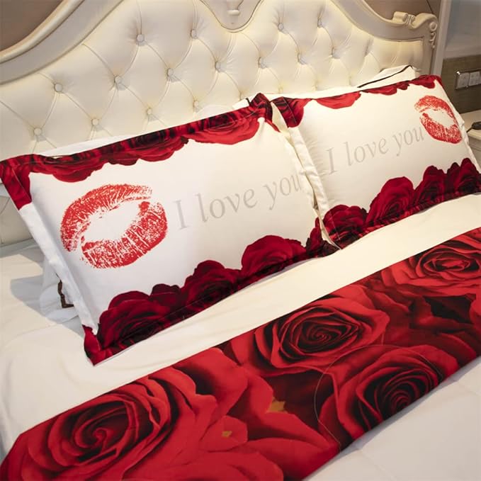 3D Comforter Set Twin - Red and White Rose Print Comforter Set Twin Size Floral Room Decor Bedding Set Aldult Quilt with 2 Pillowcases for All Seasons