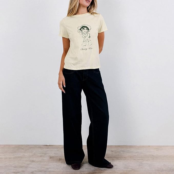 Y2k Womens Graphic Baby Tee Slim Fit Short Sleeve Crop Tops Funny Letter Animal Print Shirts 90s 2000s Streetwear