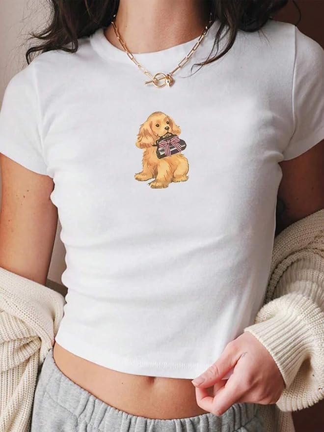 Y2k Womens Graphic Baby Tee Slim Fit Short Sleeve Crop Tops Funny Letter Animal Print Shirts 90s 2000s Streetwear