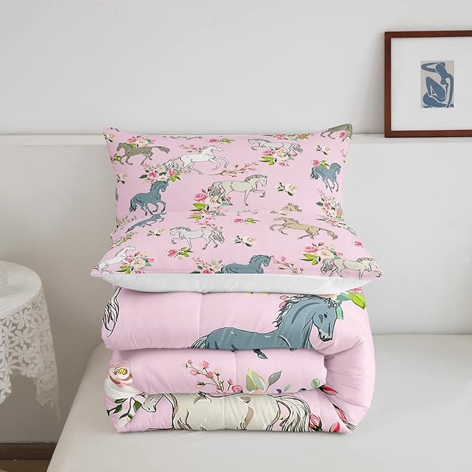 Erosebridal Horse Comforter Set Queen Rose Bedding Set for Girls Boys Kids Teens Western Cowboy Cowgirls Wild Animal Floral Down Comforter Cute Horses Flower Duvet Insert Lightweight, Pink