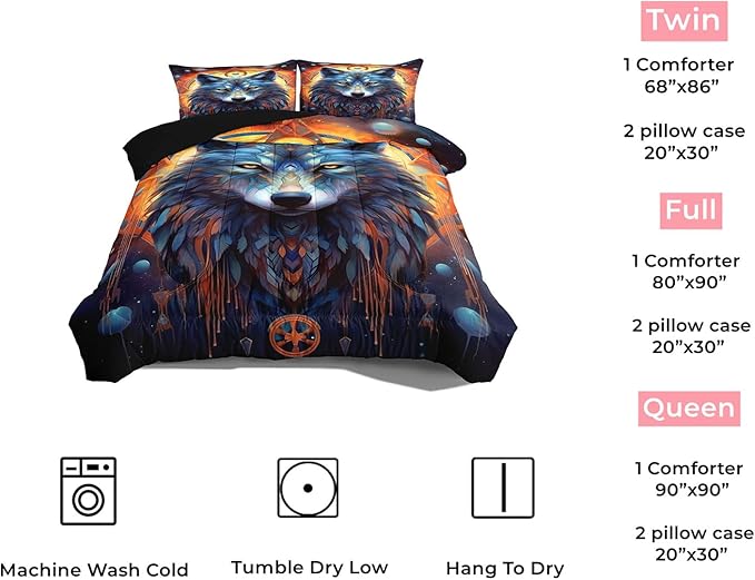 Dream Catcher Wolf Comforter Set Queen Size Galaxy Wolf Bedding Set 3 Pieces with 1 Comforter 2 Pillowcases for Teens Kids Girls Adults Room Decor All Season