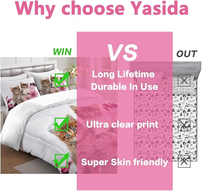 Yasida Cat Comforter Set Queen Size for Kids Pink Flowers Cats 3Pcs Bedding Set for Boys and Girls (1 Comforter+ 2 Pillowcases) Lovely Animal Pets Duvet Set