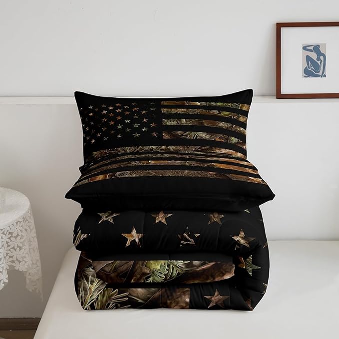 American Flag Camo Comforter Set Full,Military Hunting Bedding Set Rustic Trees Leaves Camouflage Comforter for Boys Teens Kids Man Bedroom Nature Conifer Oak Branches Bedding Quilt Set 3 Pcs