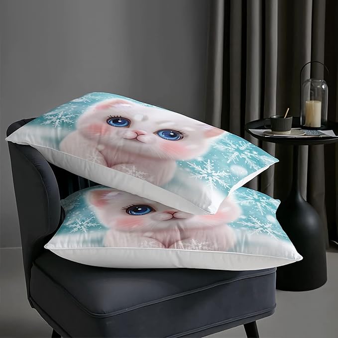 AILONEN Kawaii Cat Comforter Set Full Size, Snowflake Hairy Lovely Cat Bedding for Kids Girl and Toddler,Soft and Lightweight 3Pcs (1 Comforter + 2 Pillowcases) Blue