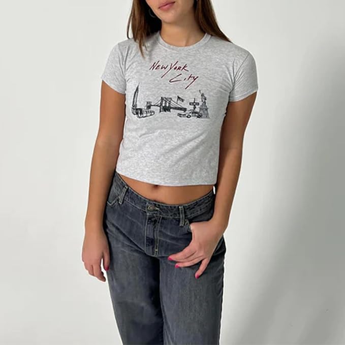Y2k Womens Graphic Baby Tee Slim Fit Short Sleeve Crop Tops Funny Letter Animal Print Shirts 90s 2000s Streetwear