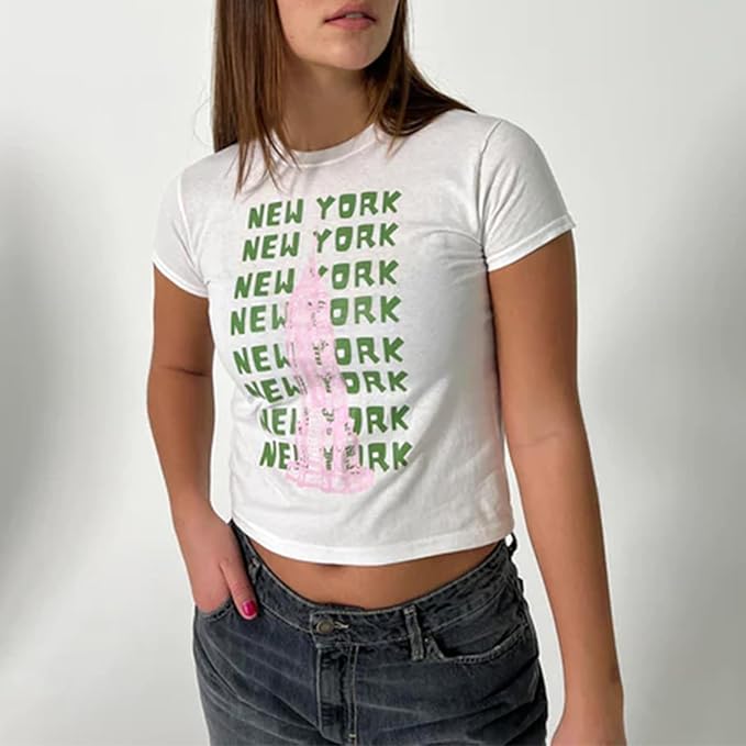 Y2k Womens Graphic Baby Tee Slim Fit Short Sleeve Crop Tops Funny Letter Animal Print Shirts 90s 2000s Streetwear