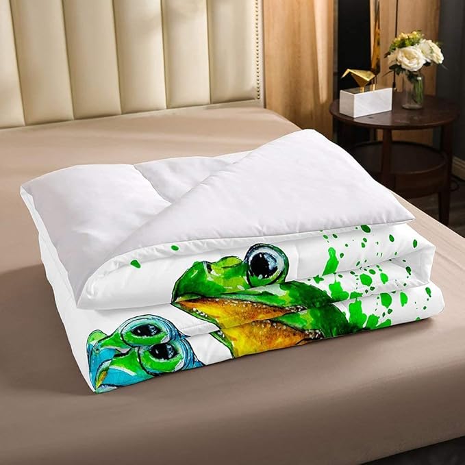 Erosebridal Cartoon Frog Comforter Set Twin Size, Green Tie Dye Down Comforter, Tree Branch Quilted Duvet,Animal Soft Duvet Insert for Kid Adult, White Room Decor Reversible All Season