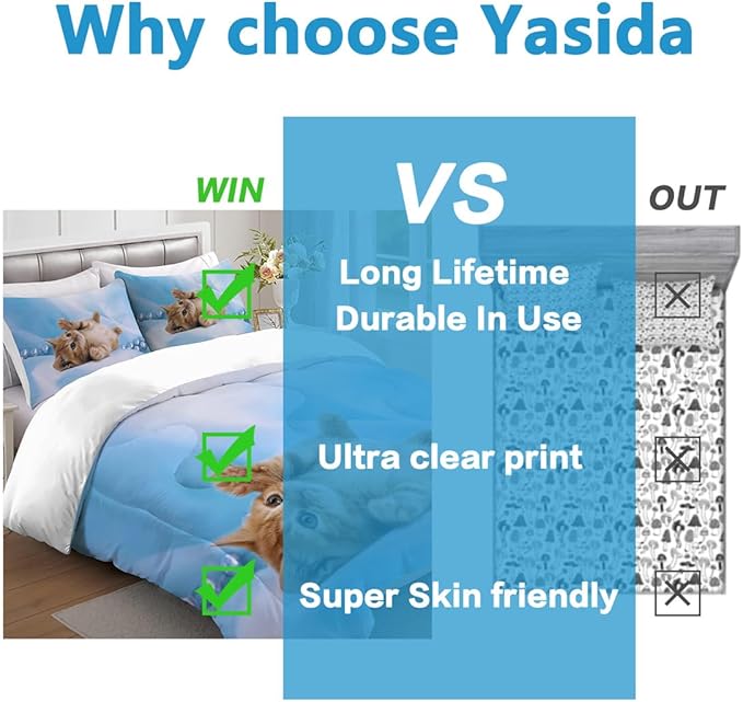 Yasida Cat Comforter Girls Summer Comforter Set Set Twin Size for Kids Blue Cat Comforter 3Pcs Twin Kids Bedding Set for Boys and Girls (1Comforter+ 2 Pillowcases) Lovely Animal Pets
