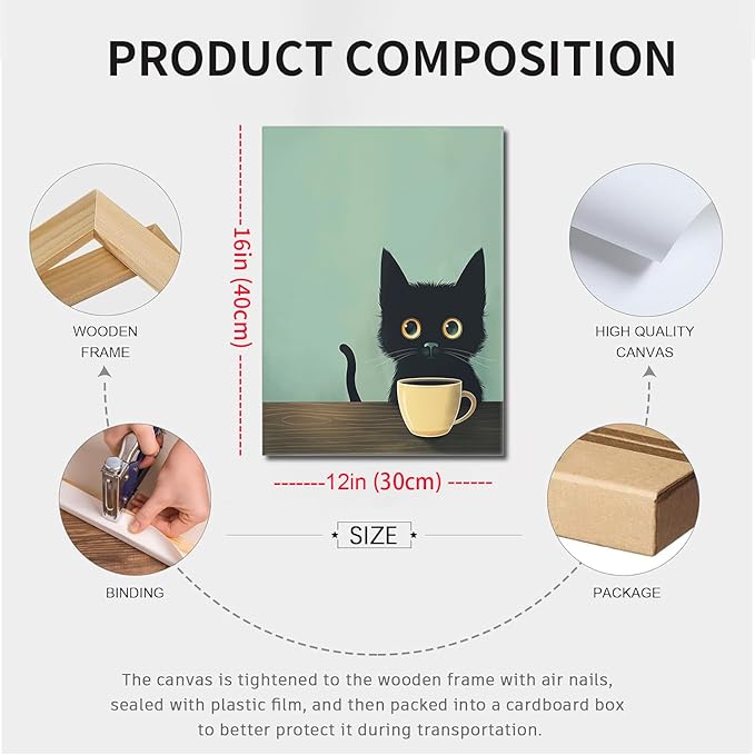 Yaneiro Framed Fun Black Cat Wall Art Abstract Drinking Coffee Picture Cute Retro Black Cat Wall Decor Canvas Poster Print Suitable for Cafe Bar Living Room Restaurant Bedroom 12x16in